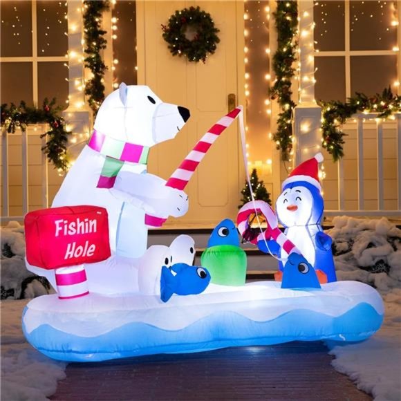 6 FT Christmas Inflatable Penguin & Polar Bear Decoration,  Fishing Hole Sign - Picture 1 of 7